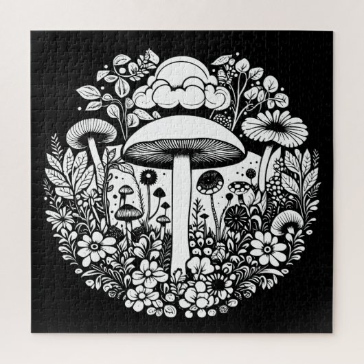 Zwart-witte bloemen en paddenstoelen Vintage Legpuzzel (Verticaal)