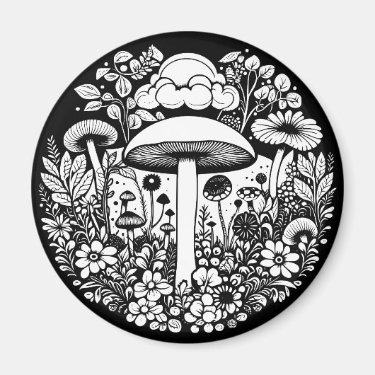 Zwart-witte bloemen en paddenstoelen Vintage Magneet (Voorkant)