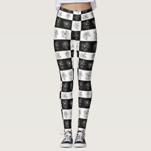 zwart-witte bloemen geruit patroon leggings