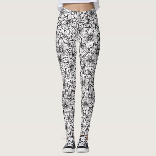 Zwart Witte Bloemen Leggings (Voorkant)
