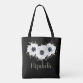 Zwart-witte bloemen met naam tote bag (Achterkant)