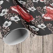 Zwart-witte bloemen met rode vlinders cadeaupapier