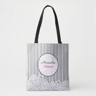 Zwart & Witte Bloemen met Strepen Bruidsmeisje Tote Bag