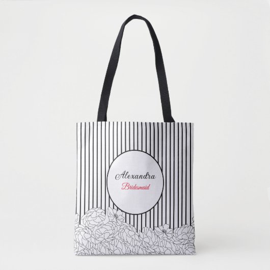 Zwart & Witte Bloemen met Strepen Bruidsmeisje Tote Bag (Voorkant)