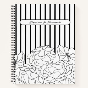Zwart & Witte Bloemen met Strepen Notitieboek