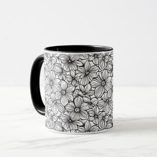 Zwart Witte Bloemen Mok (Voorkant links)