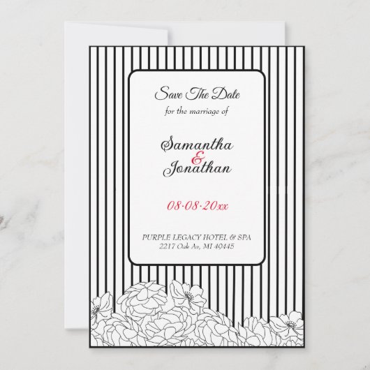 Zwart-witte bloemen op strepen Save the Date Kaart (Voorkant)