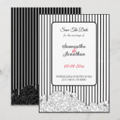 Zwart-witte bloemen op strepen Save the Date Kaart (Voorkant / Achterkant)