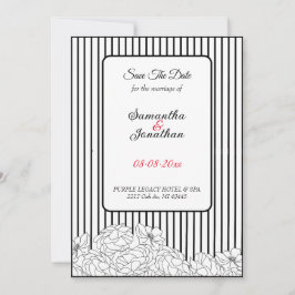 Zwart-witte bloemen op strepen Save the Date Kaart