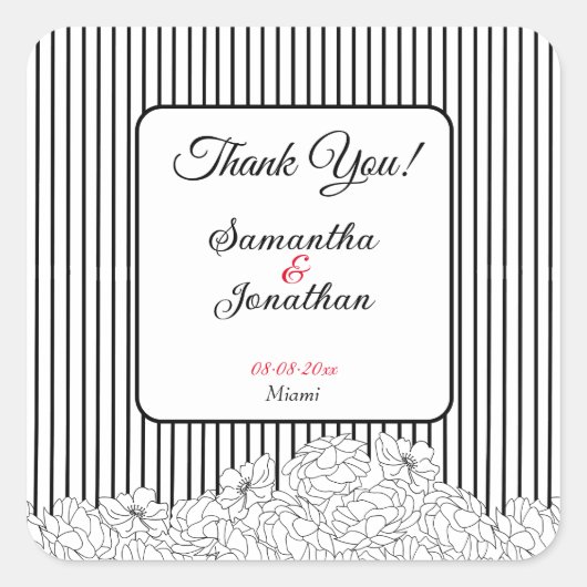 Zwart-witte bloemen op strepen vierkante sticker (Voorkant)