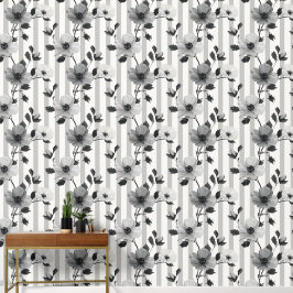 Zwart-witte bloemen op verticale lijnen patroon behang