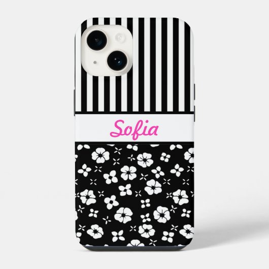 Zwart/Witte Bloemen/Strepen Monogram iPhone Hoesje (Achterkant)