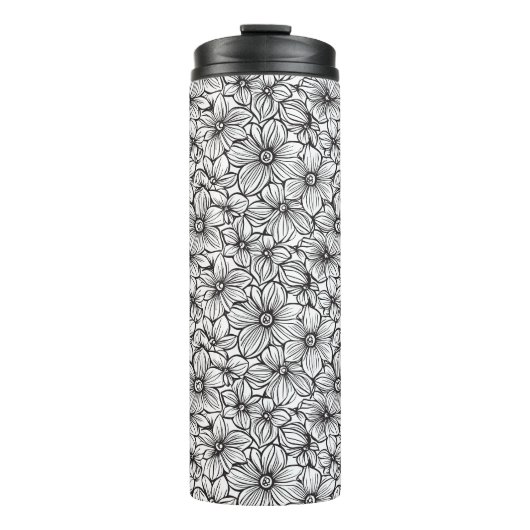 Zwart Witte Bloemen Thermosbeker (Voorkant)