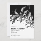 Zwart, witte bloemen, typografische verlovingsfees kaart (Voorkant)
