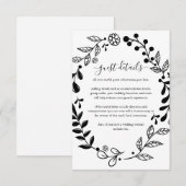 Zwart-witte bloemengarlande trouwdetails informatiekaartje (Voorkant / Achterkant)
