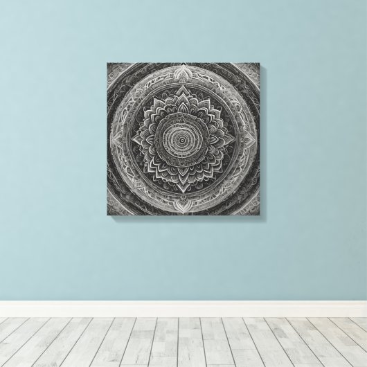 Zwart-witte bloemenmandala canvas afdruk (Insitu (Houten vloer))