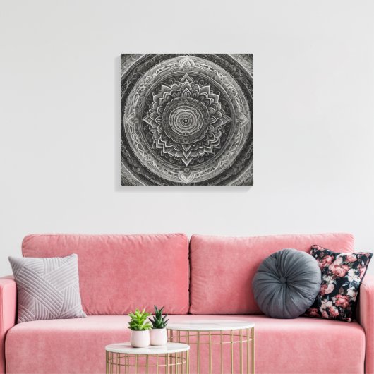 Zwart-witte bloemenmandala canvas afdruk (Insitu (Woonkamer))