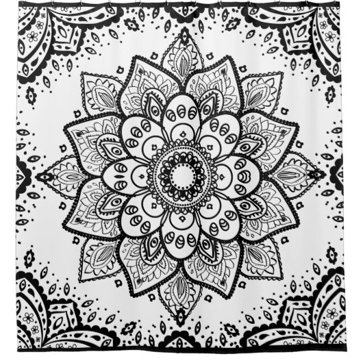 Zwart-witte bloemenmandala douchegordijn (Voorkant)