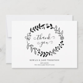 Zwart-witte bloemenslinger trouw dankjewel bedankkaart