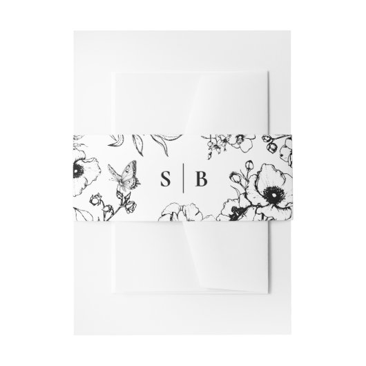 Zwart | Witte Bloementuin Monogram Bruiloft Uitnodigingen Wikkel (Voorkant Voorbeeld)