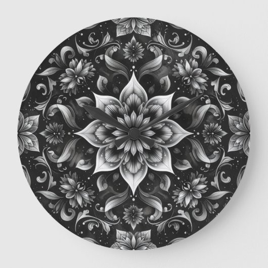 zwart-witte bloemenwandklok grote klok (Voorkant)