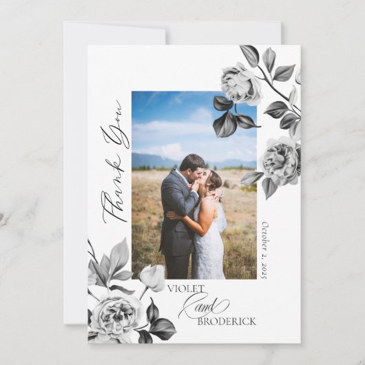 Zwart-witte bloemige aanpasbare bedankkaart (Voorkant)