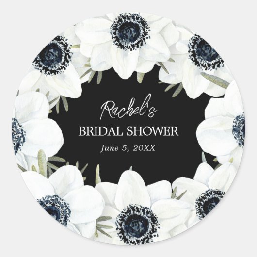 Zwart-witte bloemige bruidsdouche ronde sticker (Voorkant)