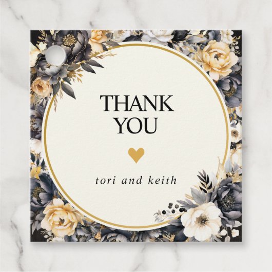 Zwart-witte bloemige favor-taglabels bedankjes labels (Voorkant)