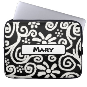 Zwart Witte Bloemige Krullen Patroon Persoonlijk Laptop Sleeve