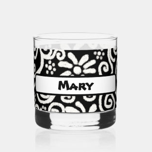 Zwart Witte Bloemige Krullen Patroon Persoonlijk Whisky Glas