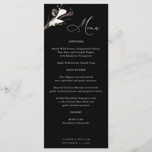 Zwart & Witte Bloemige Menu - Zwart (Voorkant)