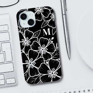 Zwart Witte Bloemige Monogram Initiaal iPhone 15 Case