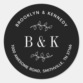 Zwart Witte Bloemige Trouw Koppel Retouradres Ronde Sticker