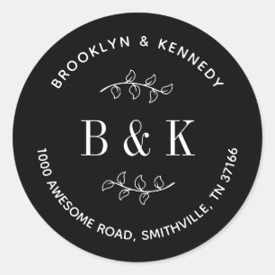 Zwart Witte Bloemige Trouw Koppel Retouradres Ronde Sticker
