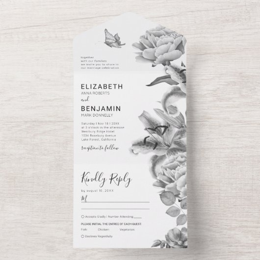 Zwart Witte Bloemige Trouw Uitnodiging Alles in Eé (Binnen)