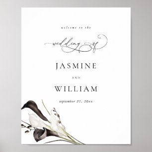 Zwart & Witte Bloemige Trouw Welkomstbord Poster