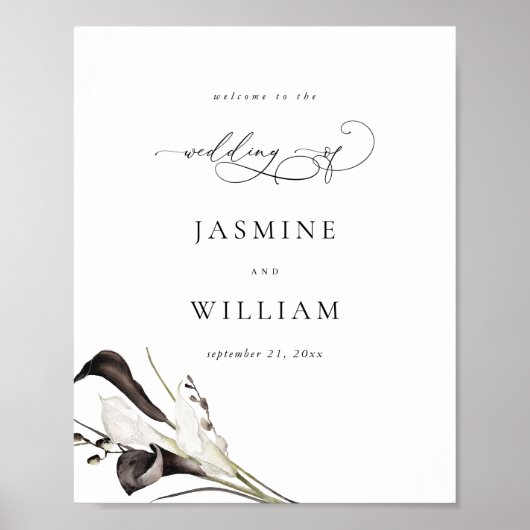 Zwart & Witte Bloemige Trouw Welkomstbord Poster (Voorkant)
