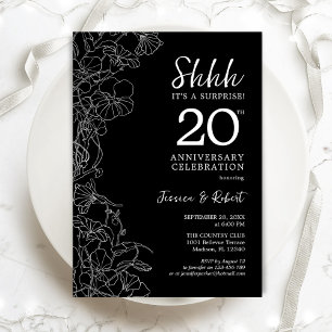 Zwart Witte Bloemige Verrassing 20ste Verjaardag Kaart