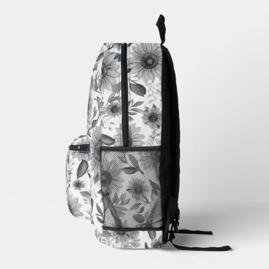 Zwart-Witte Bloemige Zonnebloemen Bedrukte Rugzak (Rechts)