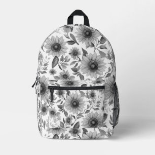 Zwart-Witte Bloemige Zonnebloemen Bedrukte Rugzak