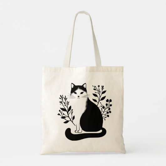 Zwart-witte bloemkat tote bag (Achterkant)