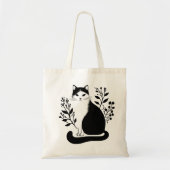 Zwart-witte bloemkat tote bag (Voorkant)