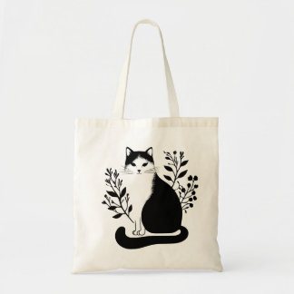 Zwart-witte bloemkat tote bag