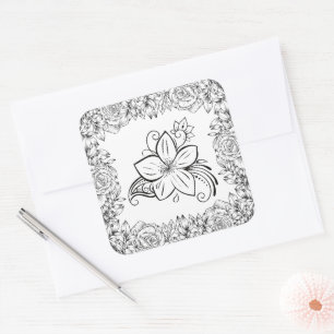 Zwart-Witte Bloemrijke Elegantie Vierkante Sticker
