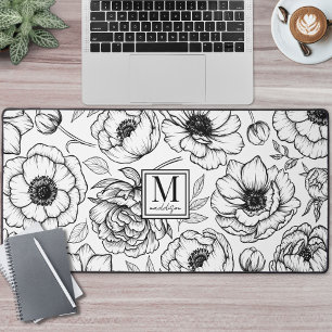 Zwart Witte Bloemrijke Monogram Bureaumat