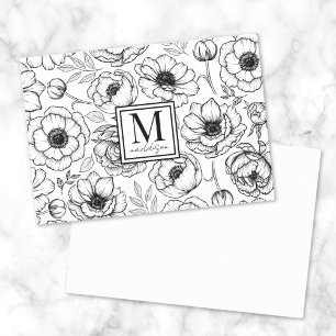 Zwart Witte Bloemrijke Monogram Notitiekaartje
