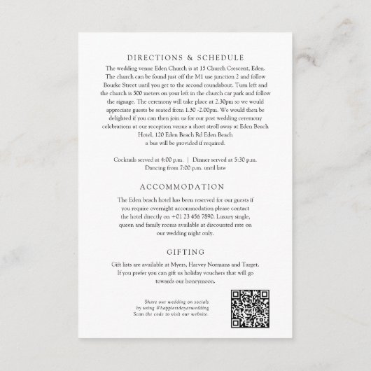 Zwart witte bloesem vlinders bruiloft details QR Informatiekaartje (Achterkant)