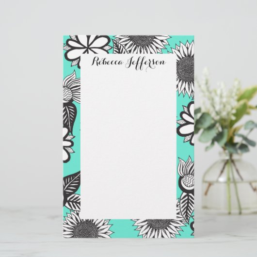 Zwart-witte bohemiaanse handdragende bloemen op Bl Briefpapier (Staand voorkant)