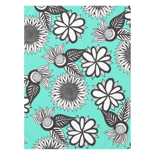 Zwart-witte bohemiaanse handdragende bloemen op Bl Tafelkleed (Voorkant)