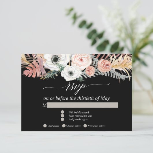 Zwart Witte Boho Pampas Gras Tropisch Bloem RSVP (Staand voorkant)